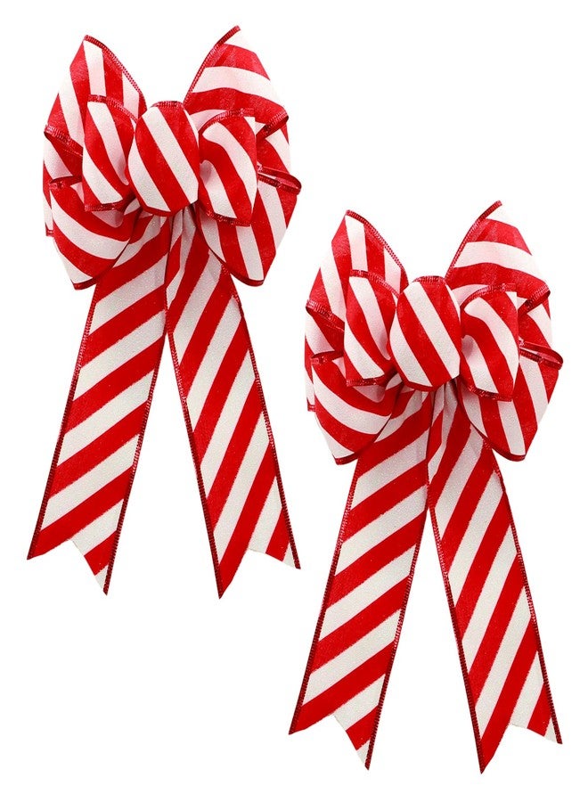 Ftuuo 2PCS Red White Stripe Wreath Bows, Glitter Candy Burlap Bow for Wreath Christmas Rustic Crafts Hanging Ornament Bow for Xmas New Year Indoor Outdoor Wedding Holiday Birthday Party Decor - Image 1